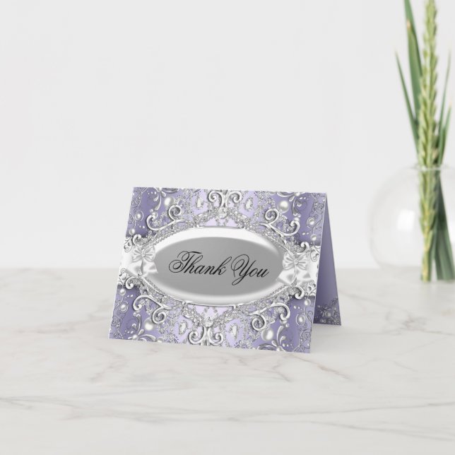 Silver & Purple Damask Pearl Thank You Card (Front)