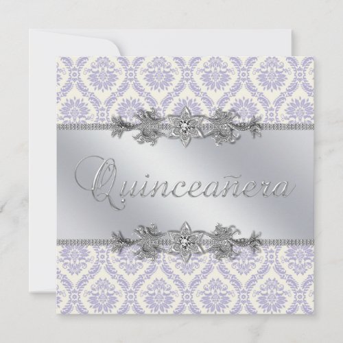 Silver Purple Damask Quinceanera Invites