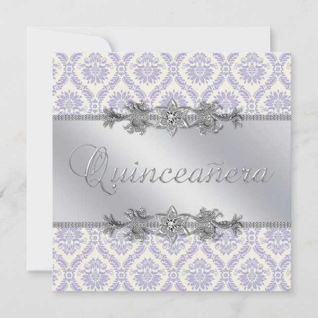 Silver Purple Damask Quinceanera Invitation (Front)