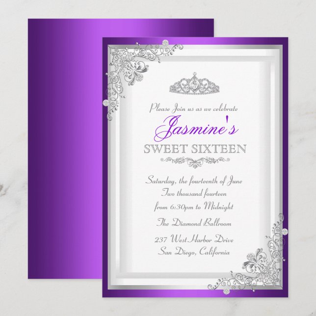 Silver Purple Damask & Tiara Sweet 16 Invitation (Front/Back)