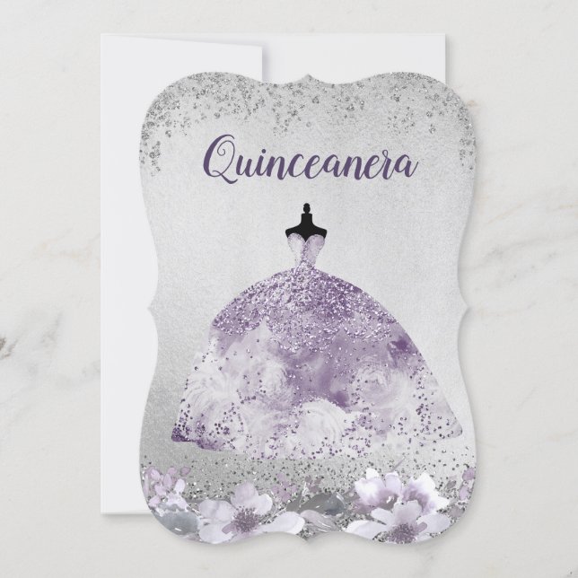 Silver Purple Dress Floral Quinceanera Invite (Front)