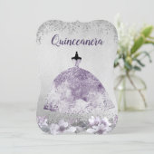 Silver Purple Dress Floral Quinceanera Invite (Standing Front)