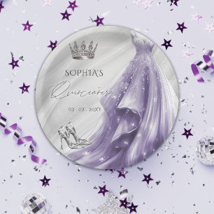 Silver Purple Dress Princess Quinceañera Paper Plates