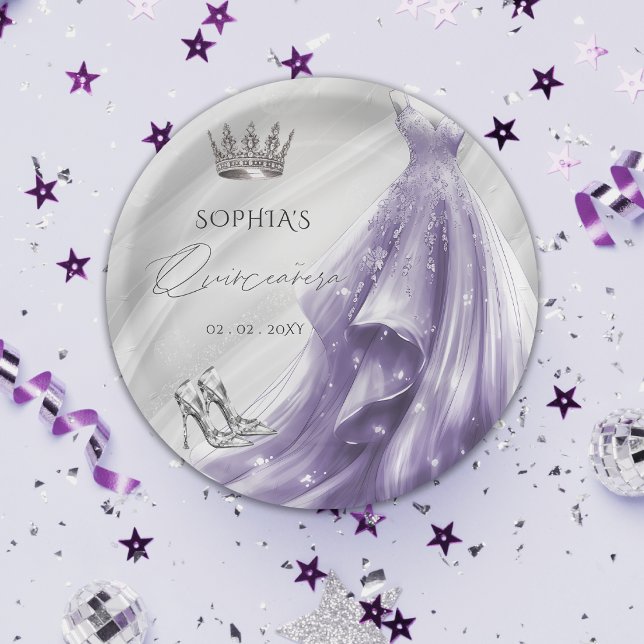 Silver Purple Dress Princess Quinceañera  Paper Plates (Silver Purple Dress Princess Quinceañera Paper Plates)