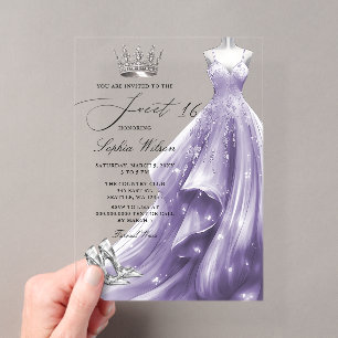 Silver Purple Dress Sweet 16 Acrylic Invitations