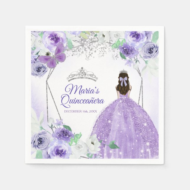 Silver Purple Dresses Quinceañera Crown Birthday Napkins (Front)