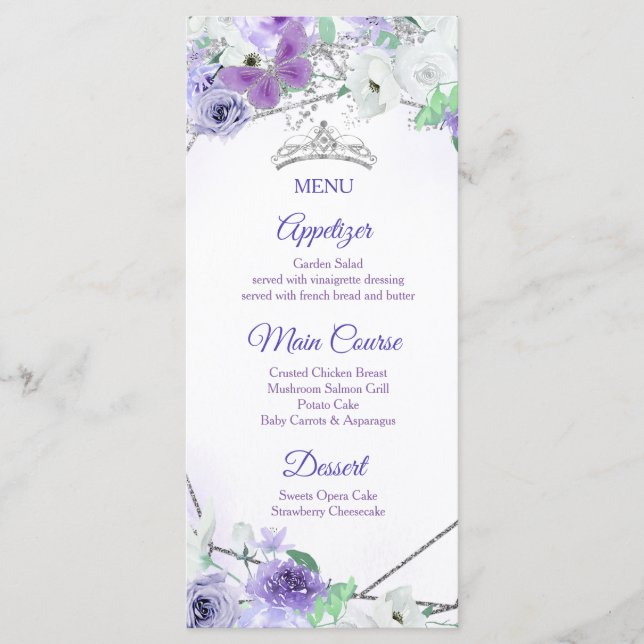 Silver & Purple Dresses Quinceañera Menu Card (Front)
