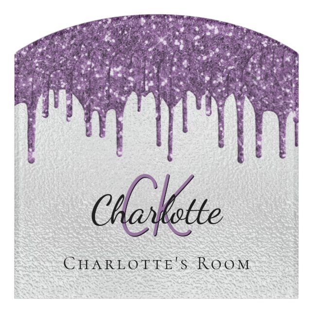 Silver purple drips monogram name door sign (Contour Front)