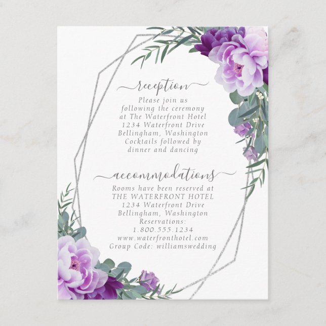 Silver & Purple Elegant Floral Wedding Details Enclosure Card (Front)