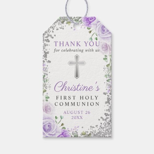 Silver Purple Floral 1st Holy Communion Thank You Gift Tags