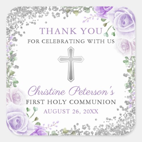 Silver Purple Floral 1st Holy Communion Thank You Square Sticker