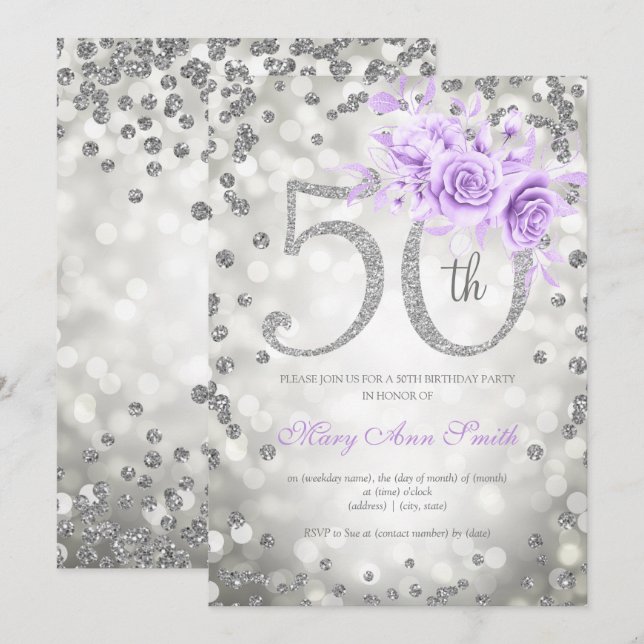 Silver Purple Floral 50th Birthday Glam Lights  Invitation (Front/Back)