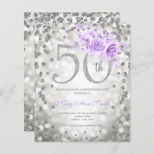 Silver Purple Floral 50th Birthday Lights Invite