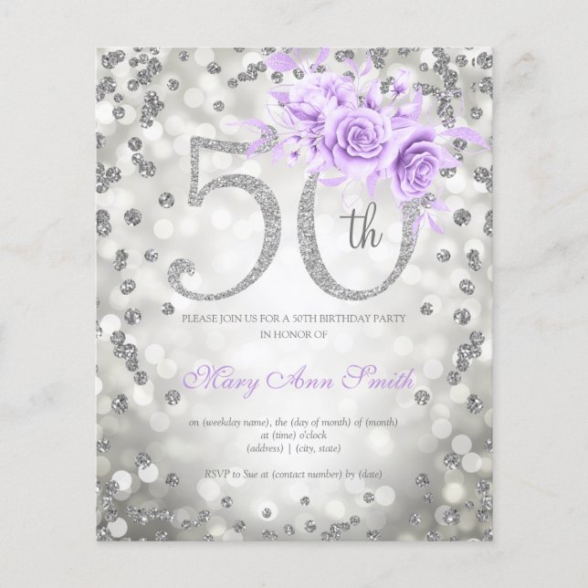 Silver Purple Floral 50th Birthday Lights Invite  Flyer (Front)