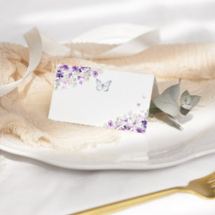 Silver purple floral butterfly place card