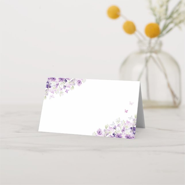 Silver purple floral butterfly place card (Front)