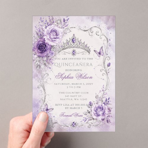 Silver Purple Floral Butterfly Quinceañera  Acrylic Invitations