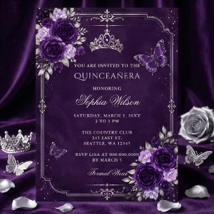Silver Purple Floral Butterfly Quinceañera Invitation