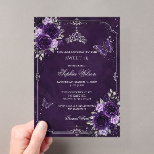 Silver Purple Floral Butterfly Sweet 16 Acrylic Invitations