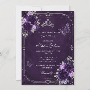 Silver Purple Floral Butterfly Sweet 16 Photo Invitation