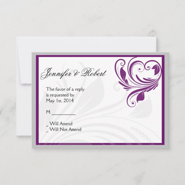 Silver Purple Floral Heart Scroll Response Card (Front)