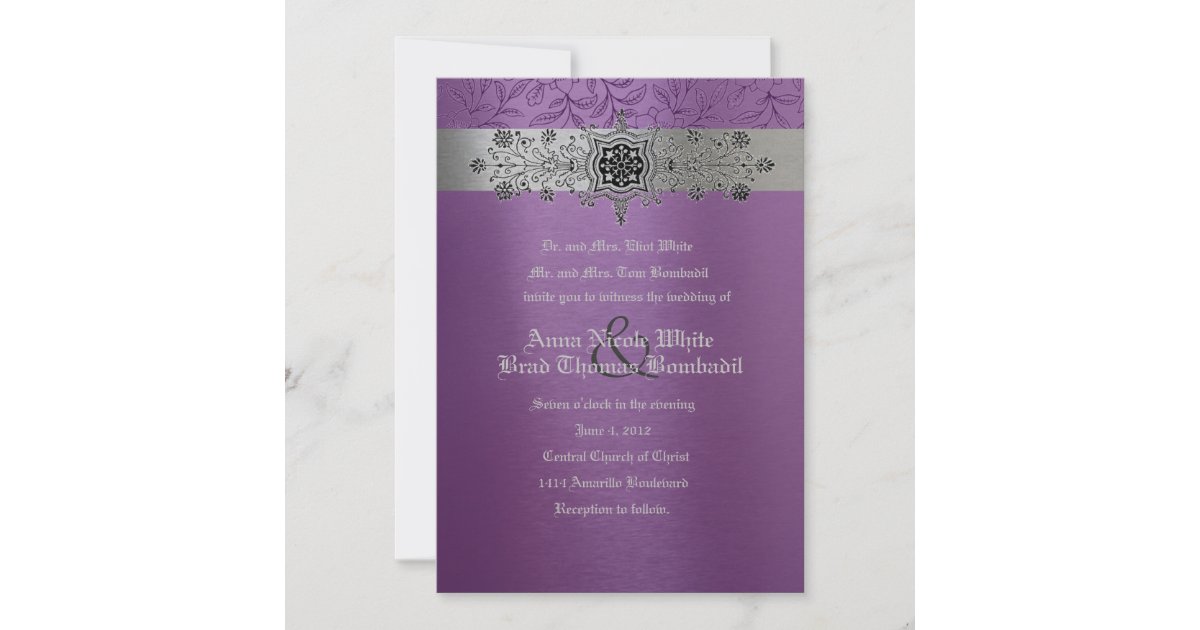 Silver & Purple Floral Metallic Wedding Invitation | Zazzle