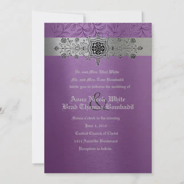 Silver & Purple Floral Metallic Wedding Invitation | Zazzle