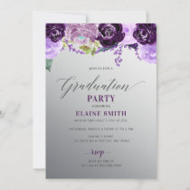 Silver Purple Floral Photo Graduation Party Invitation