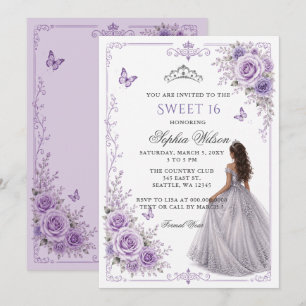 Silver Purple Floral Princess Sweet 16 Invitation
