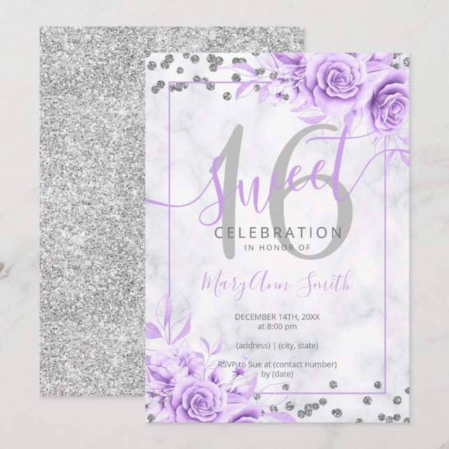 Silver Purple Floral Sweet 16 Marble Glitter    Invitation (Front/Back)