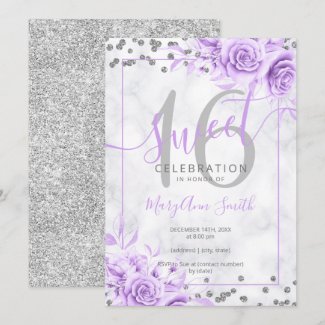Silver Purple Floral Sweet 16 Marble Glitter    Invitation