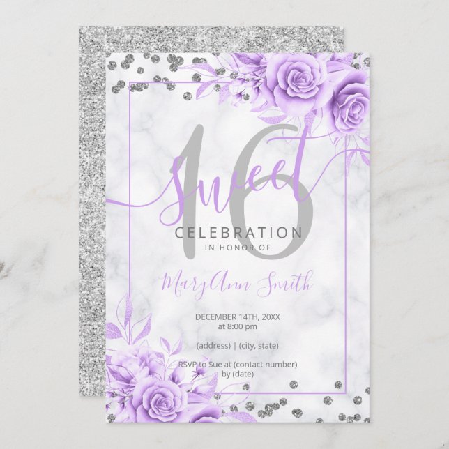 Silver Purple Floral Sweet 16 Marble Glitter    Invitation (Front/Back)