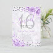Silver Purple Floral Sweet 16 Marble Glitter    Invitation (Standing Front)