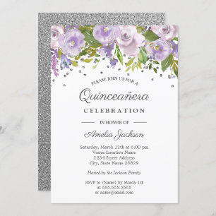 Silver Purple Floral Watercolor Quinceanera Invite