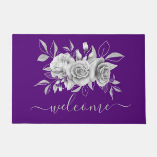 Silver Purple Floral Watercolor "Welcome" Doormat