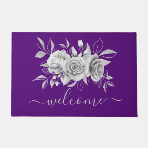 Silver Purple Floral Watercolor Welcome Doormat