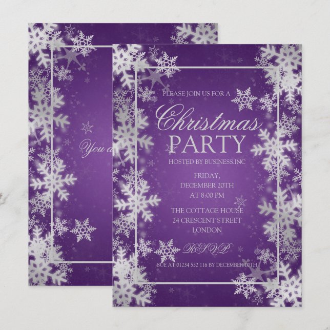 Silver Purple Foil Snowflakes Christmas Party Invitation (Front/Back)