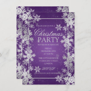Silver Purple Foil Snowflakes Christmas Party Invitation