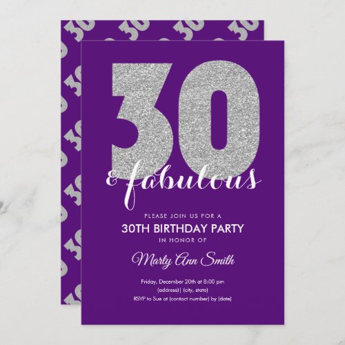 Silver Purple Glitter 30  Fabulous Birthday Invitation