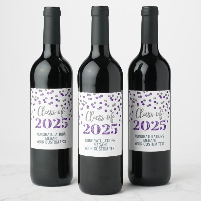 Silver Purple Glitter Class of 2025 Graduation Wine Label (Bottles)