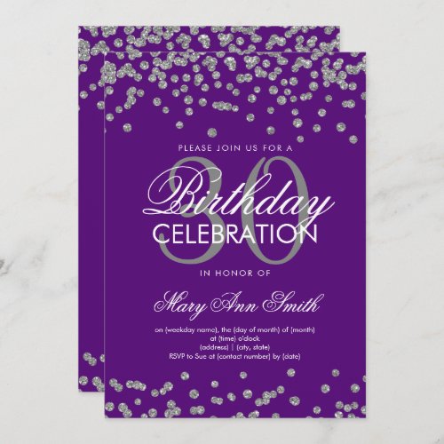 Silver Purple Glitter Confetti 30th Birthday Invitation
