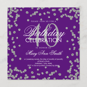 Silver Purple Glitter Confetti 40th Birthday Invitation