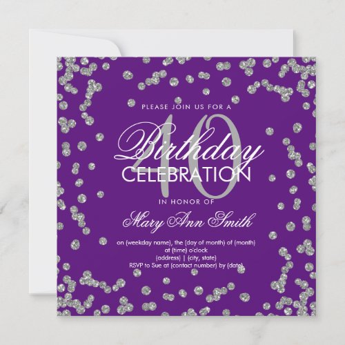 Silver Purple Glitter Confetti 40th Birthday Invitation