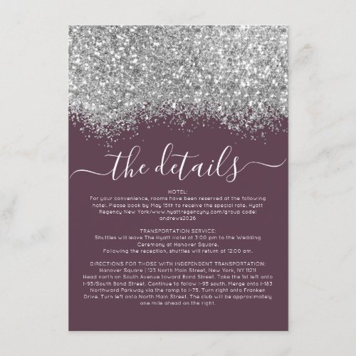 Silver Purple Glitter Confetti Wedding Detail Enclosure Card