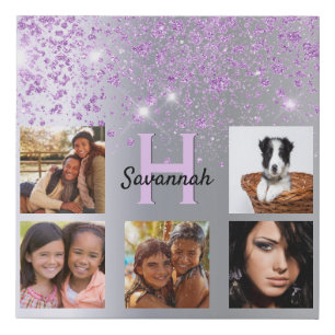 Silver purple glitter custom photo collage faux canvas print
