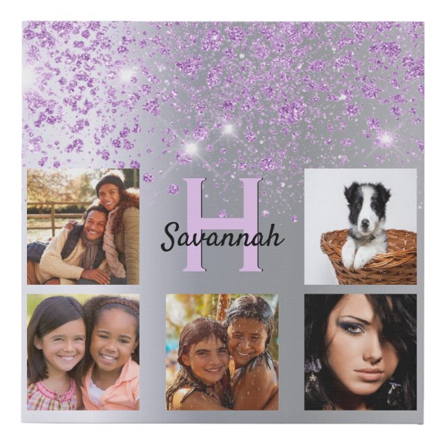 Silver purple glitter custom photo collage faux canvas print (Front)
