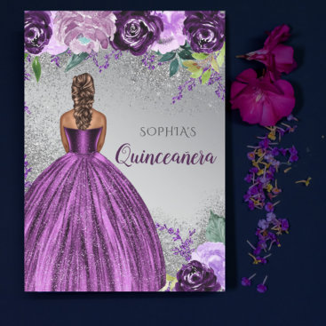 Silver Purple Glitter Dress Quinceañera Quince  Invitation