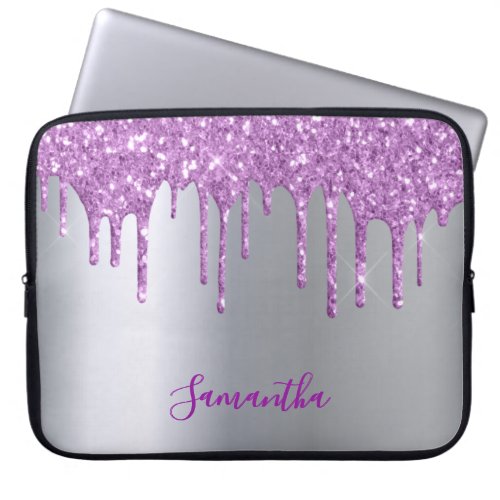 Silver purple glitter drip name girly laptop sleeve