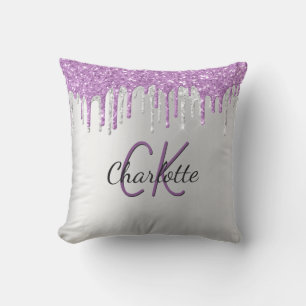 Silver purple glitter drips custom monogram name outdoor pillow