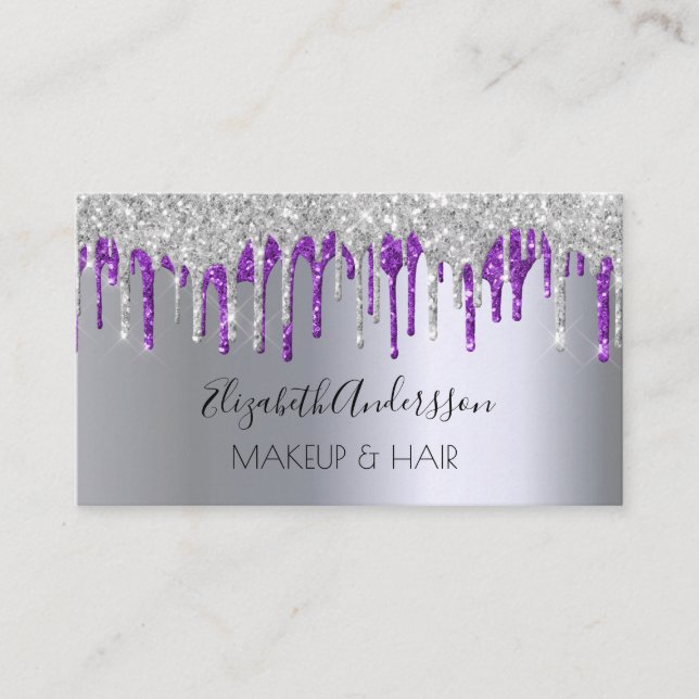 Silver purple glitter drips makeup hair business card (Front)